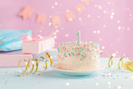 A festive cake with number one on background of festive pink wall with gifts and flags in serpentineの写真素材