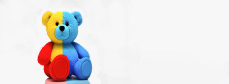 Baby toy multicolored teddy bear, symbols of autism, white background banner. Autism awareness day. Illustration, Generative AIの写真素材