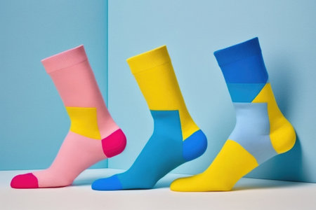 Multicolored socks blue yellow red pink bright modern background. Health autism awareness day. Illustration, Generative AIの写真素材