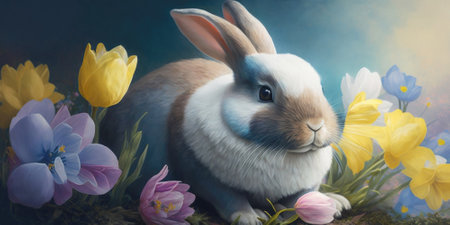 Fluffy cute Easter bunnies, pink tulips, yellow various flowers, on pastel background. Festive Easter composition, copy space, banner. Illustration, Generative AIの写真素材