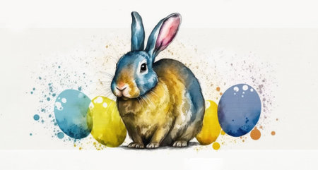 Festive Easter composition. Fluffy cute rabbit with Easter eggs, on white background. Illustration, Generative AIの素材
