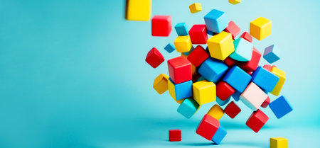 Cubes red blue and yellow, fly in the air, blue background. Child health, prevention, autism. Illustration, Generative AIの写真素材
