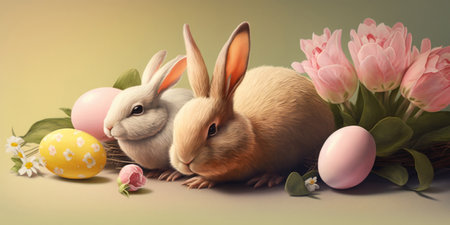 Fluffy cute rabbits with Easter eggs, pink tulips on a pastel background. Festive Easter composition, copy space. Illustration, Generative AIの写真素材