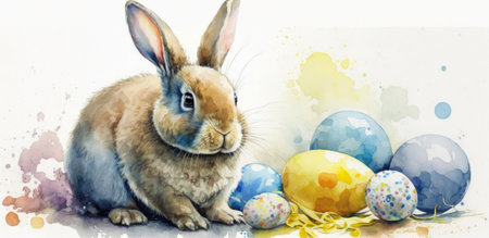 Festive Easter composition. Fluffy cute rabbit with Easter eggs, on white background. Illustration, Generative AIの素材