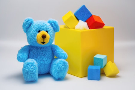 Childrens toys blue teddy bear, bright yellow and red cubes. Child health, autism awareness day. Illustration, Generative AIの写真素材