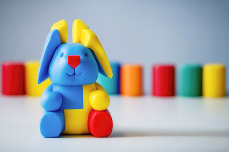 Childrens toys blue hare, bright yellow and red cubes, autism symbols, blue banner background. Child health, prevention, autism awareness day. Illustration, Generative AIの写真素材