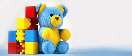 Childrens toys blue teddy bear, yellow red cubes. Child health, prevention, autism awareness day. Illustration, Generative AIの写真素材