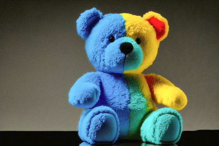 Baby toy multicolored teddy bear, symbols of autism. Child health, prevention, autism awareness day. Illustration, Generative AIの写真素材