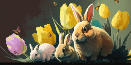 Fluffy cute Easter bunnies, pink tulips, yellow various flowers, on pastel background. Festive Easter composition, copy space, banner. Illustration, Generative AIの写真素材