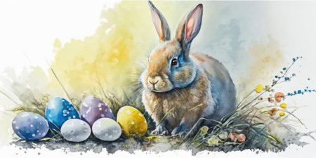 Festive Easter composition. Fluffy cute rabbit with Easter eggs, on white background. Illustration, Generative AIの素材
