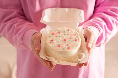 Woman is holding bento cake in her hands. Korean style cakes in box for one personの写真素材