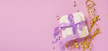 Bento cake pink background. little dessert cake for gift. Korean style cakes in box for one personの写真素材