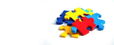 Details of bright puzzles white background. Child health, autism awareness day, special education. Illustration, Generative AIの写真素材