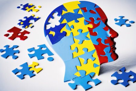 The head of a man is composed of puzzle pieces of blue yellow red flowers, white background. Mental health, prevention, autism awareness day, special education. Illustration, Generative AIの写真素材