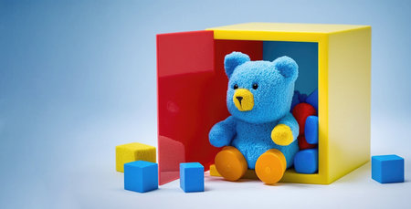 Childrens toys blue teddy bear, yellow and red cubes. Child health, prevention, autism awareness day. Illustration, Generative AIの素材
