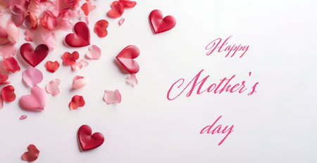 Festive layout for Mothers Day with text Happy Mothers Day. Hearts red and pink flowers on a white background, top view.の素材