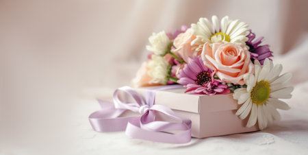 Bouquet of various flowers lies on a festive box with satin ribbon, light background. Festive composition for Mothers Day, birthday, weddingの素材