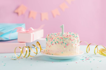 A festive cake with number one on background of festive pink wall with gifts and flags in serpentineの写真素材