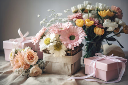 Bouquet of various flowers lies on a festive box with satin ribbon, light background. Festive composition for Mothers Day, birthday, weddingの素材
