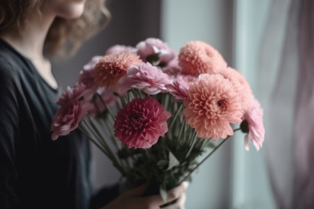 Girl holding a bouquet of pink flowers, selective focus. Festive composition for Mothers Dayの素材