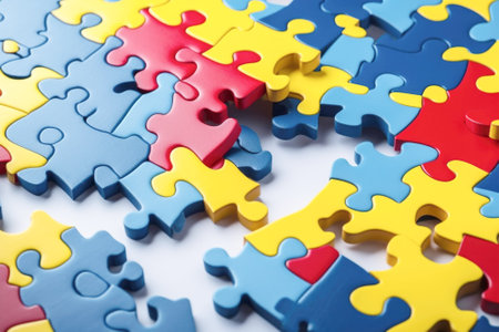 Details of bright puzzles close-up, copy space. Children health, prevention, autism awareness day. Illustration, Generative AIの素材