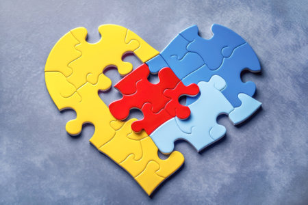Details of bright puzzles are laid out in the shape of heart. Children health, prevention, autism awareness day. Illustration, Generative AIの素材