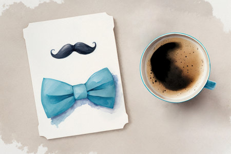 Postcard drawn bow tie and mustache, cup of coffee, light background top view. Holiday card template. Illustration generated by AIの写真素材