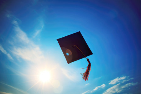 Graduation cap thrown into the blue sky. Graduation from an educational institution, school, university, college, tradition,の素材