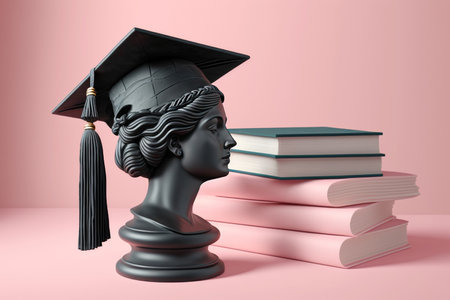 Plaster head of woman in Graduate cap stands on academic books, pink background. The concept of graduation from school, university, education, studyの素材