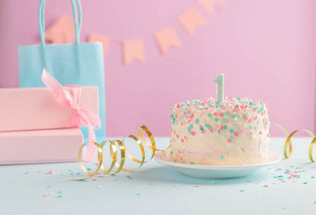 A festive cake with number one on background of festive pink wall with gifts and flags in serpentineの写真素材