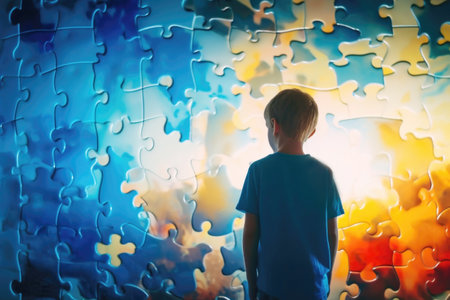 Boy is standing in front of wall made of puzzle pieces. Childhood autism, World Autism Awareness Day. Illustration, Generative AIの素材