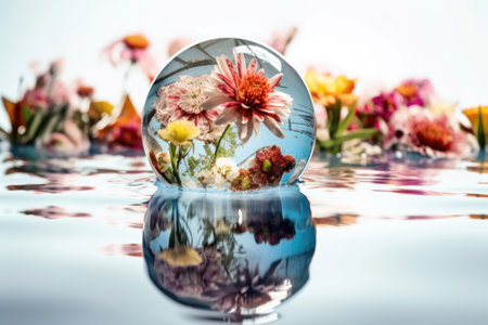 Various flowers and plants in a drop of clean water. The concept of ecology, Earth Day, Water Day. Illustration generated by AIの素材