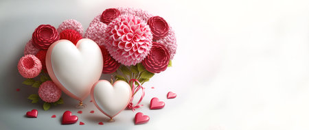 Balloons, a heart, a large bouquet of flowers on a light background. Festive layout for Mothers Day, template for postcardの素材