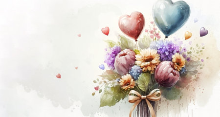 Balloons, hearts, a large bouquet of flowers on a light background, top view. Festive layout for Mothers Dayの素材