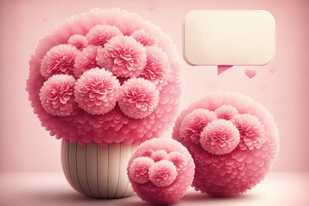 Red pink fluffy flowers in shape of heart, small hearts on light background. Festive layout for Mothers Day, birthday, weddingの素材
