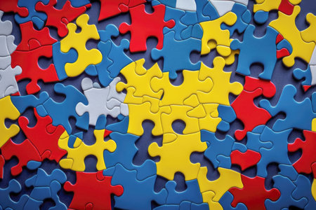 Details of bright puzzles close-up, copy space. Children health, prevention, autism awareness day. Illustration, Generative AIの素材