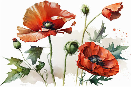 Red poppy flowers on white background. Close-up, watercolor style. Illustration generated by Aiの素材