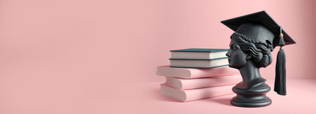 Plaster head of a woman in a traditional Graduate cap stands on academic books, pink background, minimalism. The concept of graduation from school, university, education, studyの素材