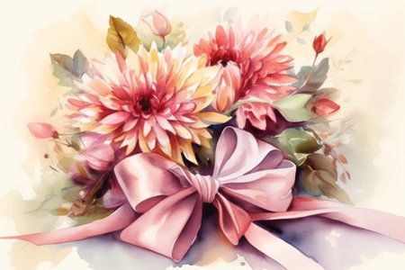 Cute bouquet of various flowers with a satin ribbon, on a light background, watercolor style. Festive composition for Mothers Day, birthday, weddingの素材