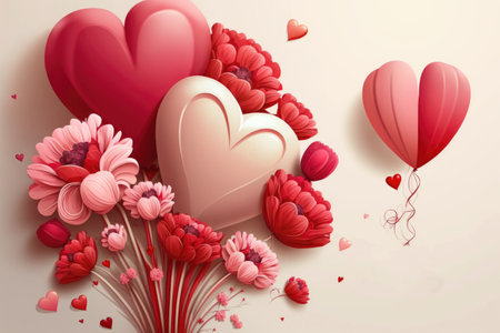Balloons, a heart, a large bouquet of flowers on a light background. Festive layout for Mothers Day, template for postcardの素材