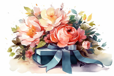Bouquet of various flowers lies on a festive box with a satin ribbon, on a light background. Festive composition for Mothers Day, birthday, weddingの素材