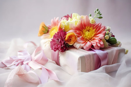 Bouquet of various flowers lies on a festive box with satin ribbon, light background. Festive composition for Mothers Day, birthday, weddingの素材