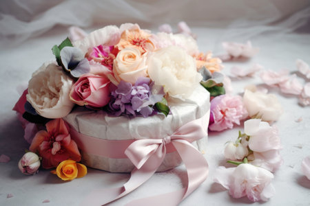 Bouquet of various flowers lies on a festive box with satin ribbon, light background. Festive composition for Mothers Day, birthday, weddingの素材