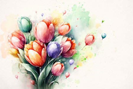 Balloons, hearts, a large bouquet of flowers on a light background, top view. Festive layout for Mothers Dayの素材