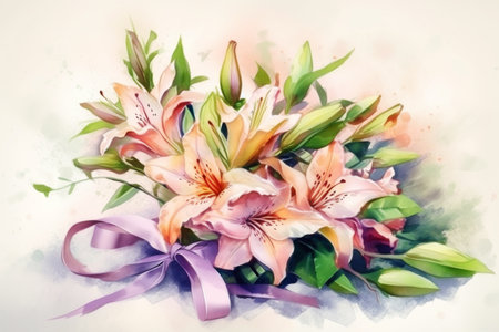 Cute bouquet of various flowers with a satin ribbon, on a light background, watercolor style. Festive composition for Mothers Day, birthday, weddingの素材