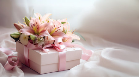 Bouquet of various flowers lies on a festive box with satin ribbon, light background. Festive composition for Mothers Day, birthday, weddingの素材