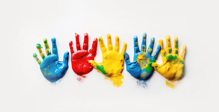 Childrens palms in bright paint, yellow red blue color. Autism, learning, creativity of children. Illustration, Generative AIの素材