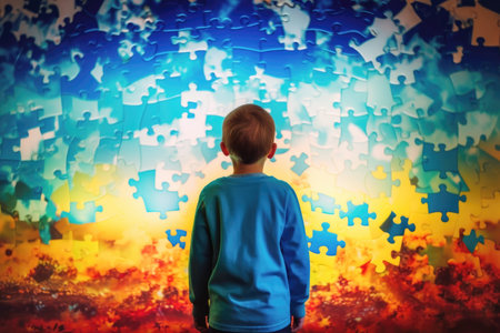 Boy is standing in front of wall made of puzzle pieces. Childhood autism, World Autism Awareness Day. Illustration, Generative AIの素材