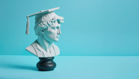Plaster head of David wearing a traditional Graduate cap, blue background, minimalism, concept of graduation from school, university, education, studyの素材