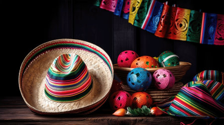 Mexican national holiday Cinco de Mayo. Traditional sombrero hat, cacti, maracas. Illustration generated by AIの素材